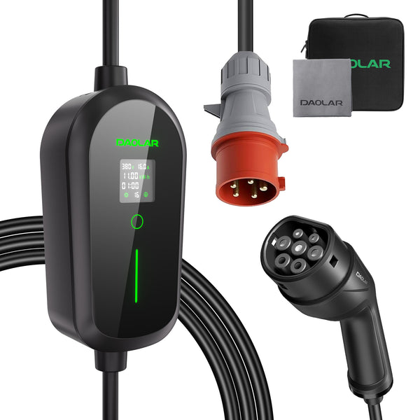 Mobilní nástěnná nabíječka Daolar 11KW, 3fázový nabíjecí kabel typu 2 s CEE zástrčkou, 12hodinovým časovačem a nastavitelným proudem 6-16 A, nabíjecí stanice pro elektromobily
