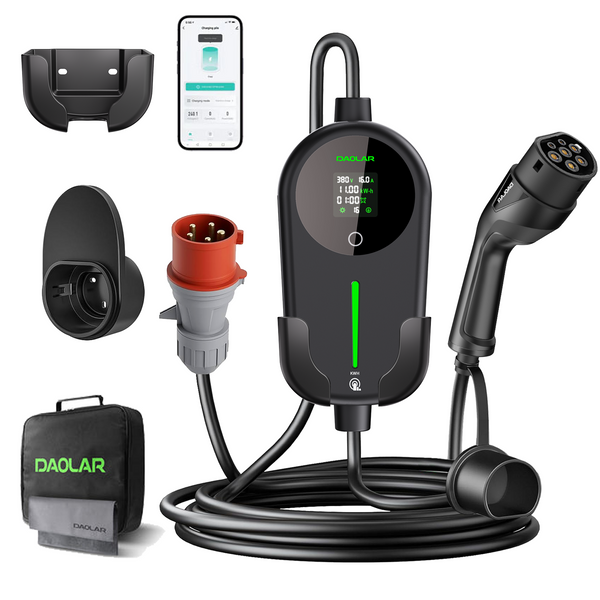 [Flagship] Daolar Mobile Wallbox 11 kW with Electricity Meter, 6-16A 3-Phase Type 2 Charging Cable with Adjustable charging KWH, IP65 Waterproof Charging Station