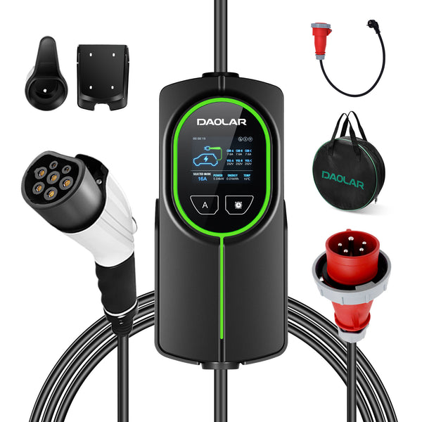 Daolar App control Type2 Charging Station for Electric Vehicles 11KW 16A 3 Phase 10M Portable EV charger with CEE plug, adjustable charging power, 10H Timing