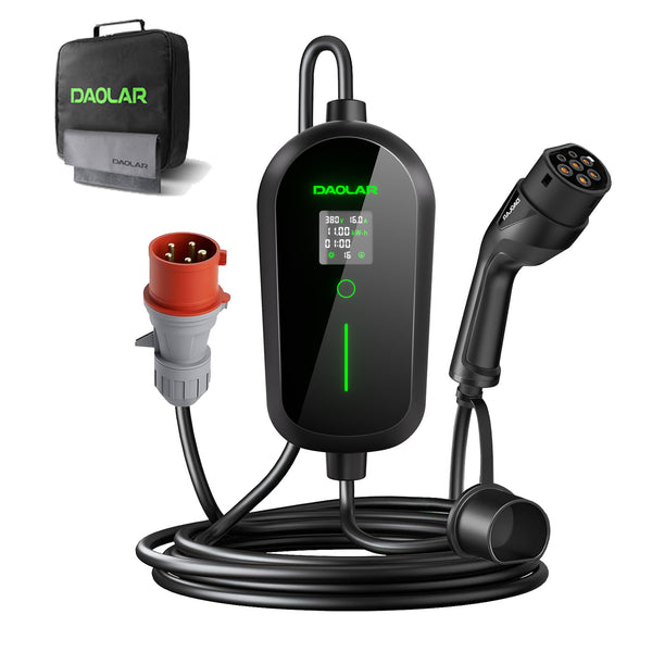 Mobilní nástěnná nabíječka Daolar 11KW, 3fázový nabíjecí kabel typu 2 s CEE zástrčkou, 12hodinovým časovačem a nastavitelným proudem 6-16 A, nabíjecí stanice pro elektromobily