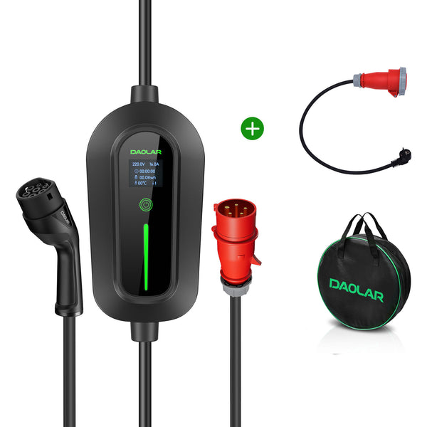Daolar Portable Charging Station for Electric Cars 11KW 3-phases 16A CEE plug + Adapter Schuko Plug to 16A CEE Coupling 5-Pin + Charging Cable Organiser
