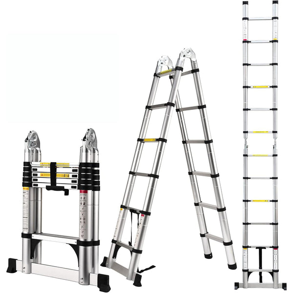 Daolar A Frame Aluminum Telescoping Ladder with Balance Bar and Movable Wheel, Heavy Duty Ladder Lasts for 150kg for Household, Outdoor